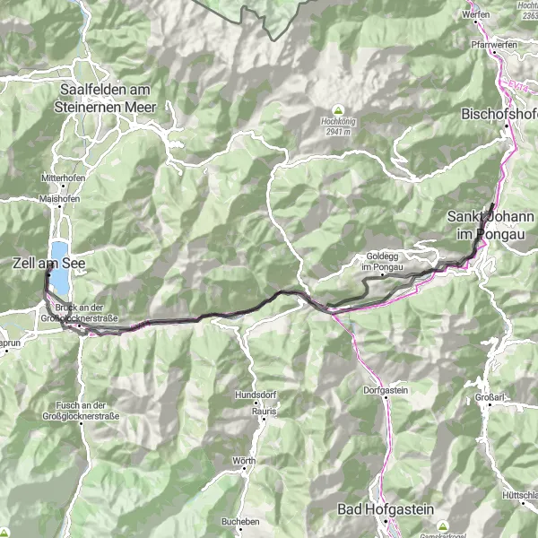 Kartminiatyr av "Utforsk Zeller See og omegn på landevei" sykkelinspirasjon i Salzburg, Austria. Generert av Tarmacs.app sykkelrutoplanlegger