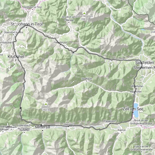 Miniatura mapy "Trasa Zell am See - Piesendorf - Schloss Lichtenau - Pass Thurn - Aurach bei Kitzbühel - St. Johann in Tirol - Fieberbrunn - Pass Grießen - Birnberg - Ecking - Zell am See" - trasy rowerowej w Salzburg, Austria. Wygenerowane przez planer tras rowerowych Tarmacs.app