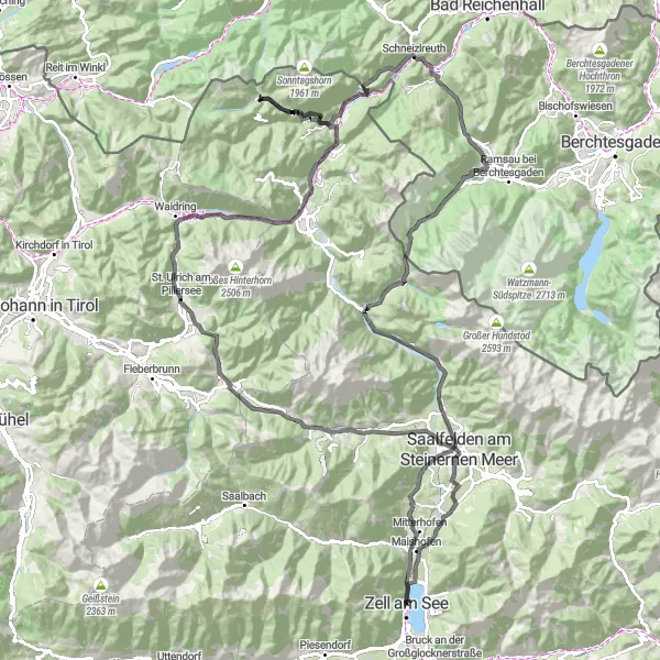 Map miniature of "Mountain Adventures in Zell am See" cycling inspiration in Salzburg, Austria. Generated by Tarmacs.app cycling route planner