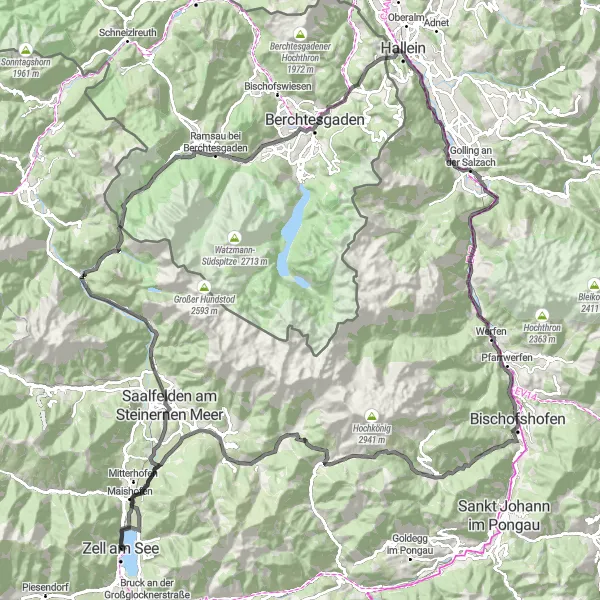Karttaminiaatyyri "Saalfelden am Steinernen Meer-Berchtesgaden Route" pyöräilyinspiraatiosta alueella Salzburg, Austria. Luotu Tarmacs.app pyöräilyreittisuunnittelijalla