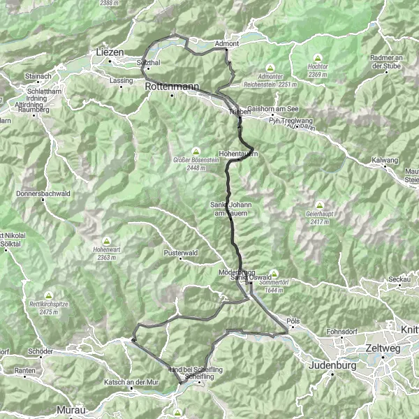 Miniature de la carte de l'inspiration cycliste "Les sommets de Steiermark" dans la Steiermark, Austria. Générée par le planificateur d'itinéraire cycliste Tarmacs.app