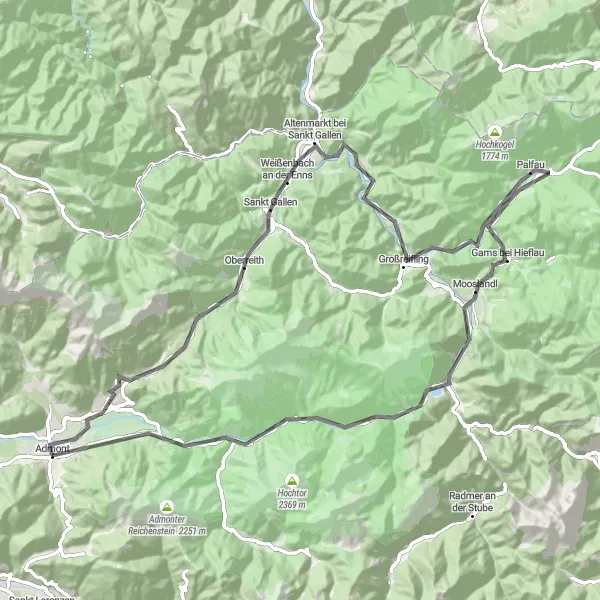 Zemljevid v pomanjšavi "Ceste ob reki Enns" kolesarske inspiracije v Steiermark, Austria. Generirano z načrtovalcem kolesarskih poti Tarmacs.app