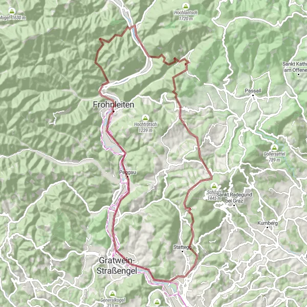 Map miniature of "Andritz - Kanzelkogel - Gratkorn - Kugelstein - Frohnleiten - Heuberg - Tyrnau - Rechberg - Schöckl - Buchniklkogel - Stattegg - Andritz" cycling inspiration in Steiermark, Austria. Generated by Tarmacs.app cycling route planner