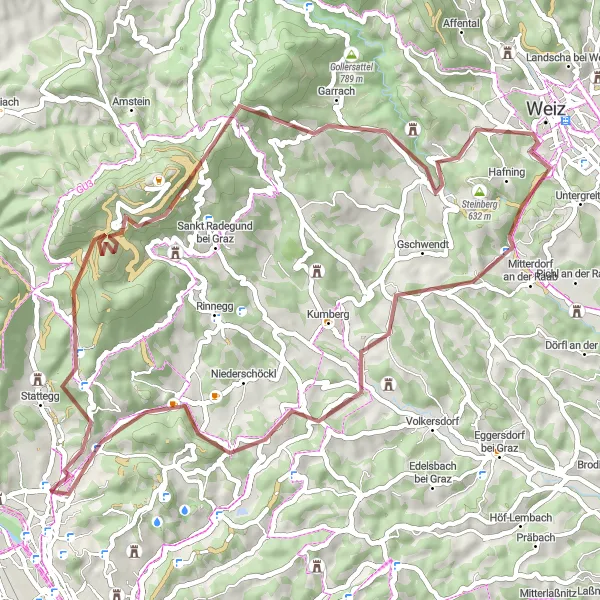 Miniatura della mappa di ispirazione al ciclismo "Giro delle vette di Andritz" nella regione di Steiermark, Austria. Generata da Tarmacs.app, pianificatore di rotte ciclistiche