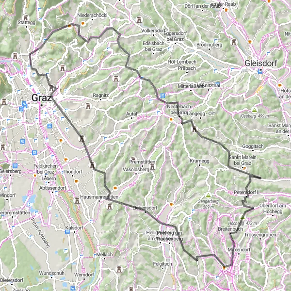 Kartminiatyr av "Utfordrende Rute til Kainbach bei Graz" sykkelinspirasjon i Steiermark, Austria. Generert av Tarmacs.app sykkelrutoplanlegger