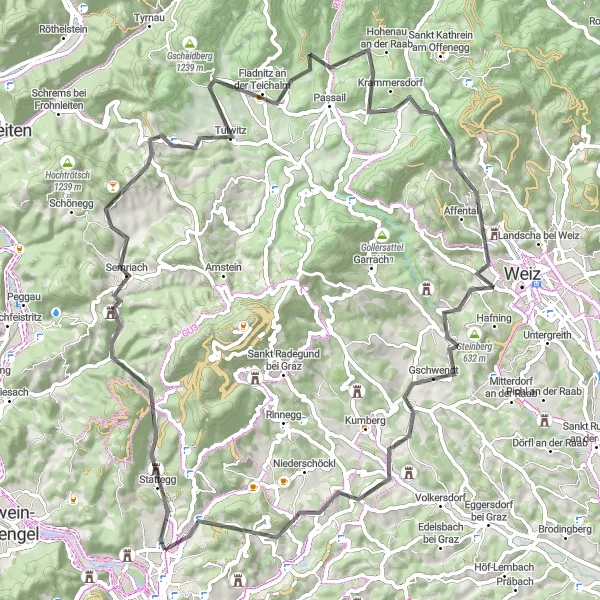 Miniaturekort af cykelinspirationen "Steiermark Loop Route" i Steiermark, Austria. Genereret af Tarmacs.app cykelruteplanlægger