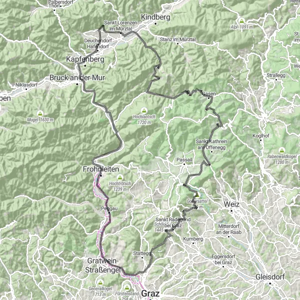 Karttaminiaatyyri "Epic Styrian Cycling Adventure - Andritz to Sankt Radegund bei Graz Loop" pyöräilyinspiraatiosta alueella Steiermark, Austria. Luotu Tarmacs.app pyöräilyreittisuunnittelijalla