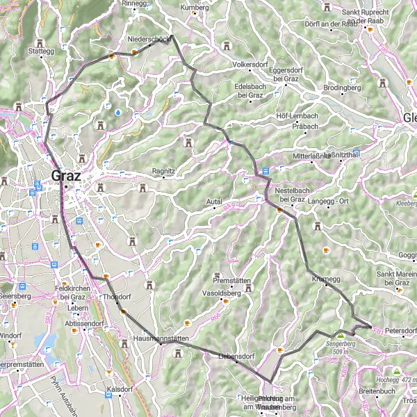 Map miniature of "Andritz to Riegersburg Loop" cycling inspiration in Steiermark, Austria. Generated by Tarmacs.app cycling route planner