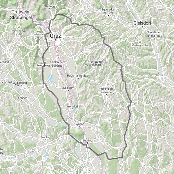 Map miniature of "Road Route: Andritz - Platte - Laßnitzhöhe - Hamberg - Kirchbach in Steiermark - Lebring - Wundschuh - Pirka - Kalvarienberg" cycling inspiration in Steiermark, Austria. Generated by Tarmacs.app cycling route planner