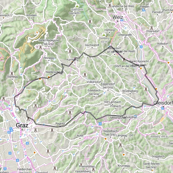 Zemljevid v pomanjšavi "Raznolika cestna pot s slikovitimi razgledi" kolesarske inspiracije v Steiermark, Austria. Generirano z načrtovalcem kolesarskih poti Tarmacs.app