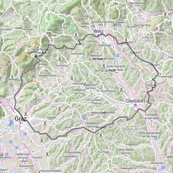Miniatuurkaart van de fietsinspiratie "Wegenrit door de Groene Omgeving van Graz" in Steiermark, Austria. Gemaakt door de Tarmacs.app fietsrouteplanner