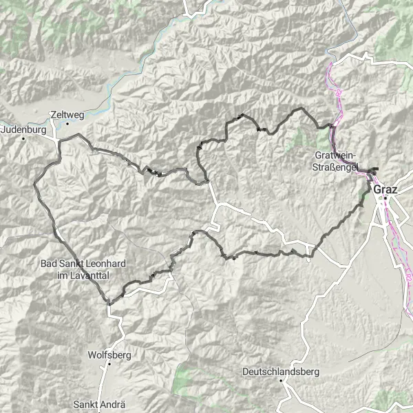 Miniatura della mappa di ispirazione al ciclismo "Tour del Castello di Eggenberg" nella regione di Steiermark, Austria. Generata da Tarmacs.app, pianificatore di rotte ciclistiche