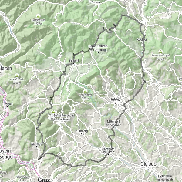 Miniatua del mapa de inspiración ciclista "Ruta de Roßegg a Mariatrost" en Steiermark, Austria. Generado por Tarmacs.app planificador de rutas ciclistas