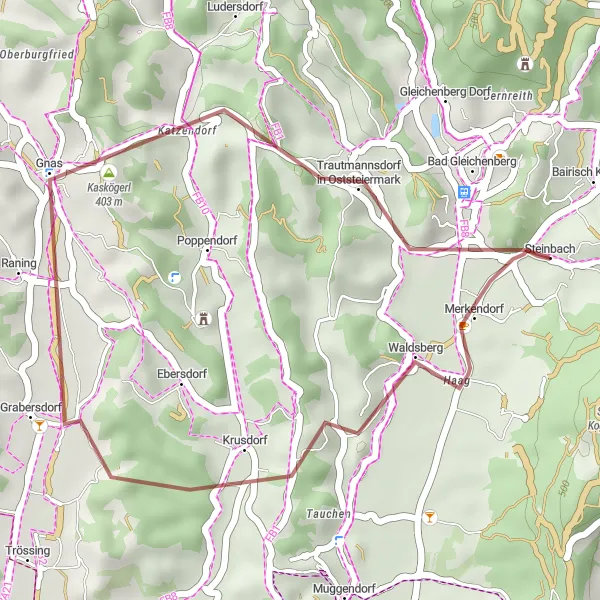 Miniaturní mapa "Gravelová trasa Gnas" inspirace pro cyklisty v oblasti Steiermark, Austria. Vytvořeno pomocí plánovače tras Tarmacs.app