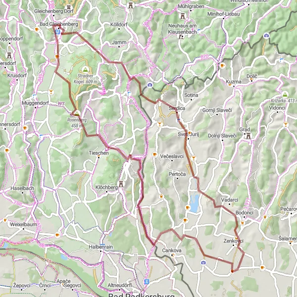 Miniatuurkaart van de fietsinspiratie "Ontdekkingstocht door Bairisch Kölldorf en Gornji Črnci" in Steiermark, Austria. Gemaakt door de Tarmacs.app fietsrouteplanner