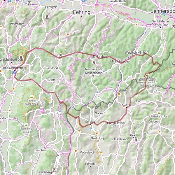 Miniature de la carte de l'inspiration cycliste "La Boucle des Chemins de Gravel" dans la Steiermark, Austria. Générée par le planificateur d'itinéraire cycliste Tarmacs.app