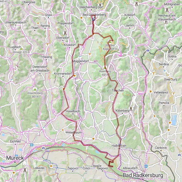 Miniaturekort af cykelinspirationen "Eventyrlig gravel tur gennem Gleichenberger Schlucht og Mammutbaum" i Steiermark, Austria. Genereret af Tarmacs.app cykelruteplanlægger