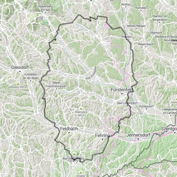 Miniatura della mappa di ispirazione al ciclismo "Giro in bici attraverso Bad Gleichenberg" nella regione di Steiermark, Austria. Generata da Tarmacs.app, pianificatore di rotte ciclistiche