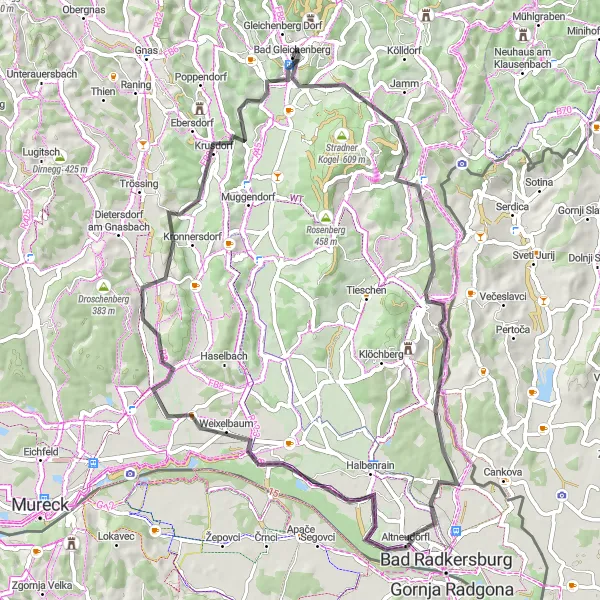 Miniatura della mappa di ispirazione al ciclismo "Giro Panoramico attraverso Deutsch Goritz" nella regione di Steiermark, Austria. Generata da Tarmacs.app, pianificatore di rotte ciclistiche