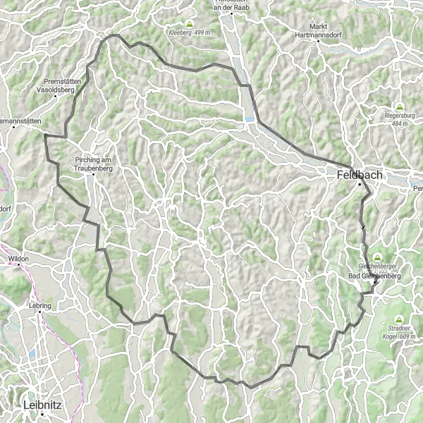 Miniaturní mapa "Náročný road bike okruh kolem Bad Gleichenbergu" inspirace pro cyklisty v oblasti Steiermark, Austria. Vytvořeno pomocí plánovače tras Tarmacs.app