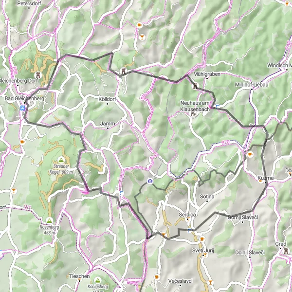 Zemljevid v pomanjšavi "Raziskovanje pokrajine ob reki Raab" kolesarske inspiracije v Steiermark, Austria. Generirano z načrtovalcem kolesarskih poti Tarmacs.app