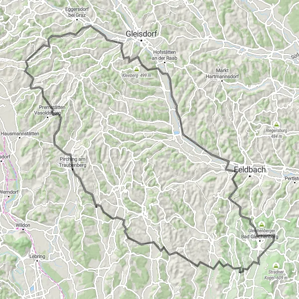 Karttaminiaatyyri "Pitkä maantiepyöräilyreitti Steiermarkissa" pyöräilyinspiraatiosta alueella Steiermark, Austria. Luotu Tarmacs.app pyöräilyreittisuunnittelijalla