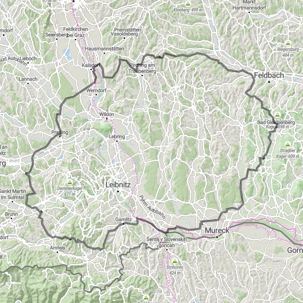 Miniaturní mapa "Velký road bike okruh kolem Bad Gleichenbergu" inspirace pro cyklisty v oblasti Steiermark, Austria. Vytvořeno pomocí plánovače tras Tarmacs.app