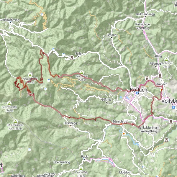 Miniatua del mapa de inspiración ciclista "Ruta Desafiante a través de Bärnbach" en Steiermark, Austria. Generado por Tarmacs.app planificador de rutas ciclistas
