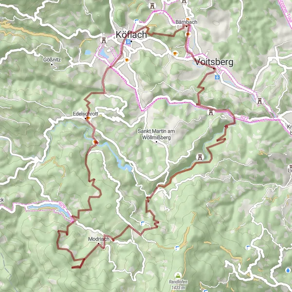 Karttaminiaatyyri "Kainach-Runde" pyöräilyinspiraatiosta alueella Steiermark, Austria. Luotu Tarmacs.app pyöräilyreittisuunnittelijalla