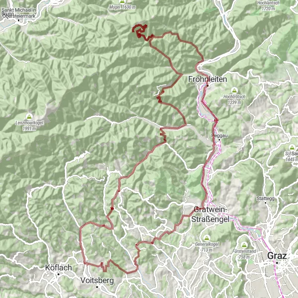Miniatua del mapa de inspiración ciclista "Desafío extremo en bicicleta por paisajes pintorescos" en Steiermark, Austria. Generado por Tarmacs.app planificador de rutas ciclistas