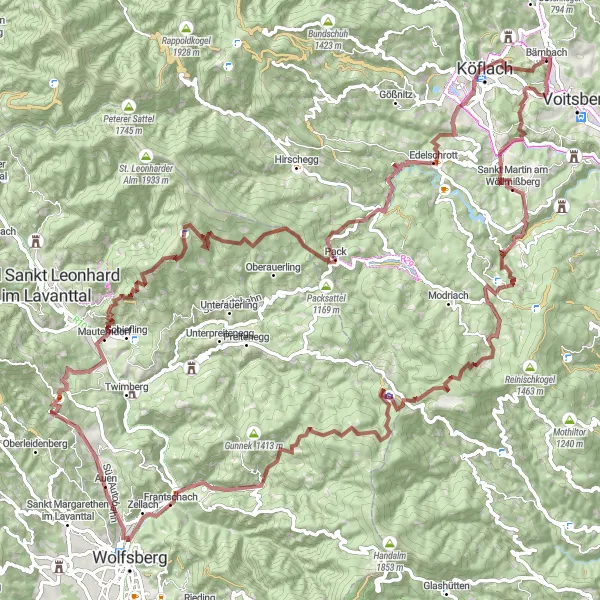 Miniatura della mappa di ispirazione al ciclismo "Giro in bicicletta panoramico da Bärnbach a Köflach" nella regione di Steiermark, Austria. Generata da Tarmacs.app, pianificatore di rotte ciclistiche