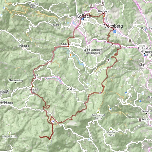 Mapa miniatúra "Gravel route around Bärnbach" cyklistická inšpirácia v Steiermark, Austria. Vygenerované cyklistickým plánovačom trás Tarmacs.app