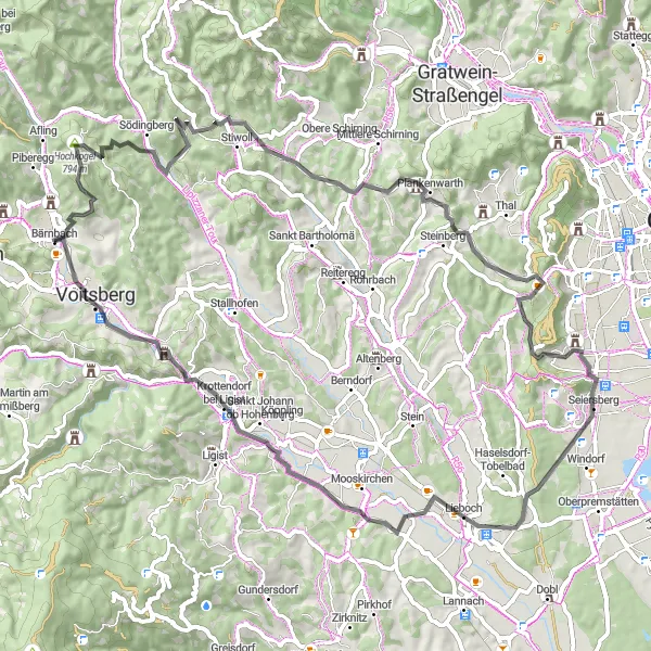 Miniatura della mappa di ispirazione al ciclismo "Giro panoramico in bicicletta alla scoperta della Steiermark" nella regione di Steiermark, Austria. Generata da Tarmacs.app, pianificatore di rotte ciclistiche