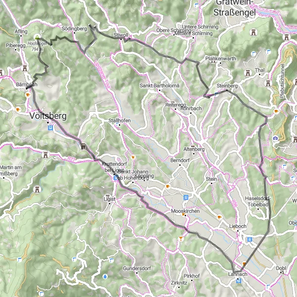 Kartminiatyr av "Hochtregist og Mühlriegel Landevei Rundtur" sykkelinspirasjon i Steiermark, Austria. Generert av Tarmacs.app sykkelrutoplanlegger
