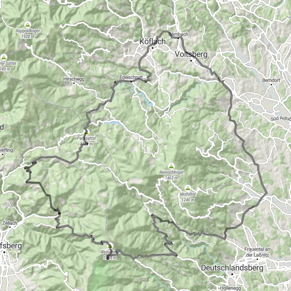 Zemljevid v pomanjšavi "Road Bärnbach - Voitsberg - Packsattel" kolesarske inspiracije v Steiermark, Austria. Generirano z načrtovalcem kolesarskih poti Tarmacs.app