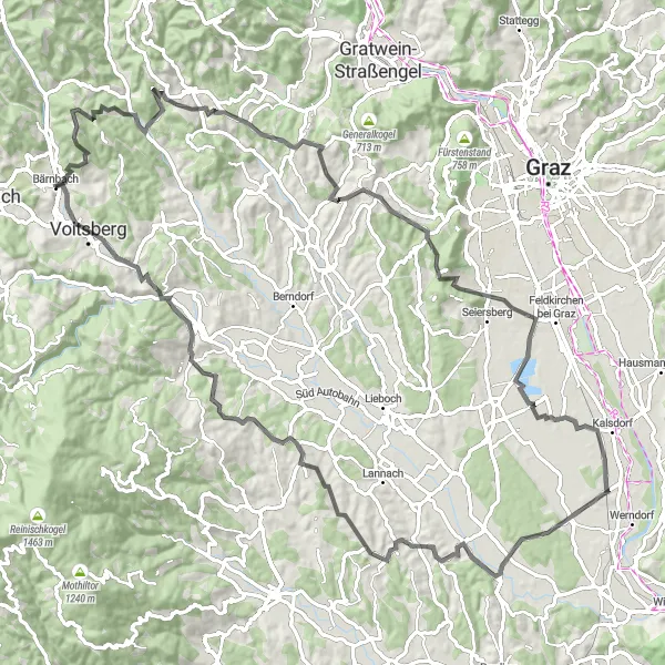 Miniatura della mappa di ispirazione al ciclismo "Giro in bicicletta da Bärnbach a Voitsberg" nella regione di Steiermark, Austria. Generata da Tarmacs.app, pianificatore di rotte ciclistiche