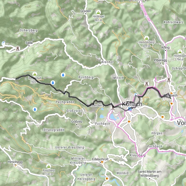 Miniatura della mappa di ispirazione al ciclismo "Breve percorso in bicicletta da Bärnbach a Köflach" nella regione di Steiermark, Austria. Generata da Tarmacs.app, pianificatore di rotte ciclistiche