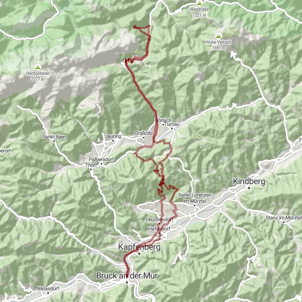 Miniatua del mapa de inspiración ciclista "Ruta de Grava de Berndorf" en Steiermark, Austria. Generado por Tarmacs.app planificador de rutas ciclistas