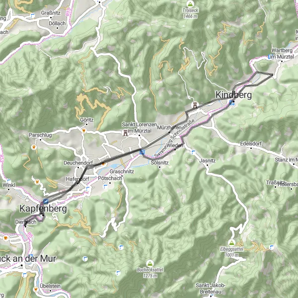 Miniatura della mappa di ispirazione al ciclismo "Percorso ciclistico da Berndorf a Mürzhofen e Diemlachkogel" nella regione di Steiermark, Austria. Generata da Tarmacs.app, pianificatore di rotte ciclistiche
