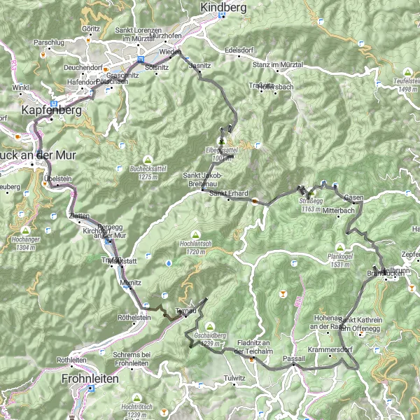 Miniatua del mapa de inspiración ciclista "Ruta Escénica en Carretera de Berndorf" en Steiermark, Austria. Generado por Tarmacs.app planificador de rutas ciclistas