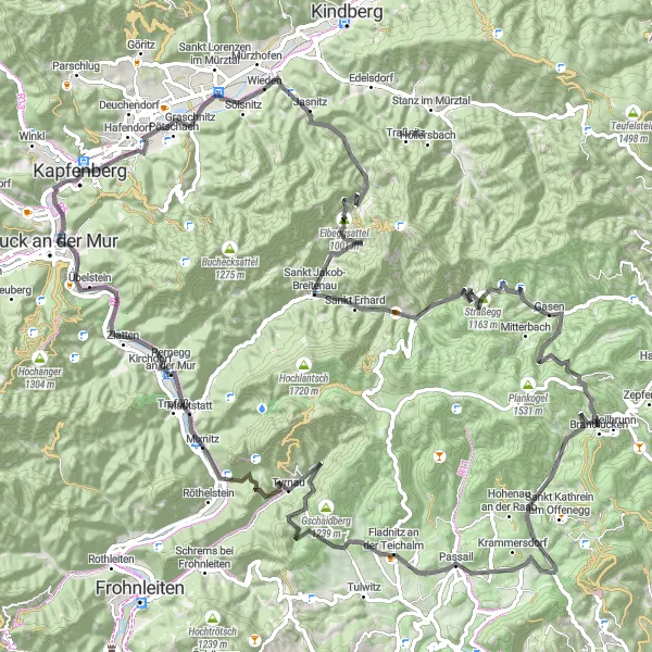 Mapa miniatúra "Cesta na asfaltovej ceste do Gasen" cyklistická inšpirácia v Steiermark, Austria. Vygenerované cyklistickým plánovačom trás Tarmacs.app