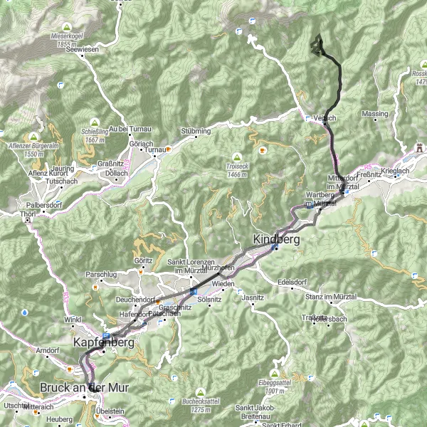 Miniatua del mapa de inspiración ciclista "Ruta Escénica en Carretera de Berndorf" en Steiermark, Austria. Generado por Tarmacs.app planificador de rutas ciclistas
