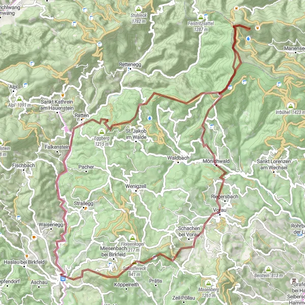Miniature de la carte de l'inspiration cycliste "Aventure à vélo tout-terrain autour de Birkfeld" dans la Steiermark, Austria. Générée par le planificateur d'itinéraire cycliste Tarmacs.app