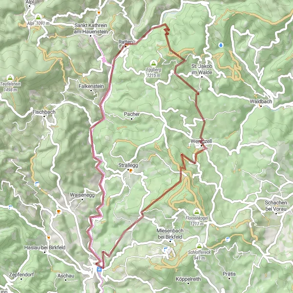 Miniaturní mapa "Short Gravel Bike Adventure" inspirace pro cyklisty v oblasti Steiermark, Austria. Vytvořeno pomocí plánovače tras Tarmacs.app