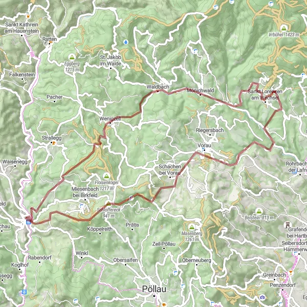 Miniaturní mapa "Gravelová cyklotrasa okolo Birkfeldu" inspirace pro cyklisty v oblasti Steiermark, Austria. Vytvořeno pomocí plánovače tras Tarmacs.app