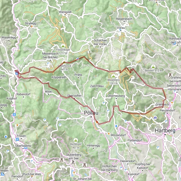 Mapa miniatúra "Po zaujímavých cestičkách - Gschaid bei Birkfeld až po Pöllau" cyklistická inšpirácia v Steiermark, Austria. Vygenerované cyklistickým plánovačom trás Tarmacs.app