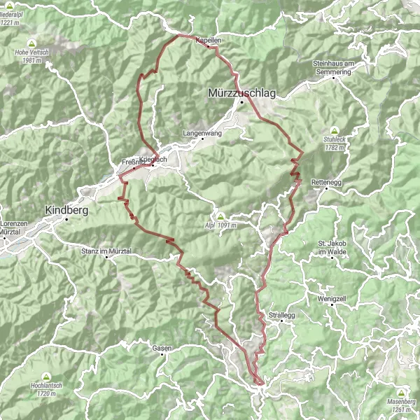 Zemljevid v pomanjšavi "Pustolovščina skozi Mürztal" kolesarske inspiracije v Steiermark, Austria. Generirano z načrtovalcem kolesarskih poti Tarmacs.app