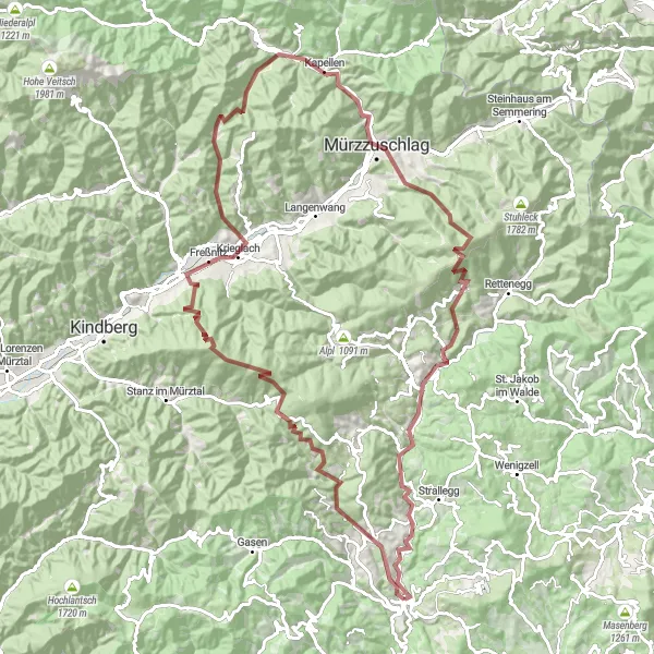 Miniaturní mapa "Gravel Bike Tour from Birkfeld" inspirace pro cyklisty v oblasti Steiermark, Austria. Vytvořeno pomocí plánovače tras Tarmacs.app