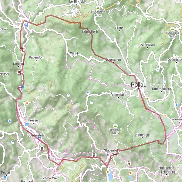 Miniaturní mapa "Scenic Gravel Ride through Styria" inspirace pro cyklisty v oblasti Steiermark, Austria. Vytvořeno pomocí plánovače tras Tarmacs.app