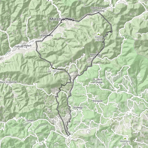 Miniatua del mapa de inspiración ciclista "Ruta en Carretera a través de Birkfeld" en Steiermark, Austria. Generado por Tarmacs.app planificador de rutas ciclistas